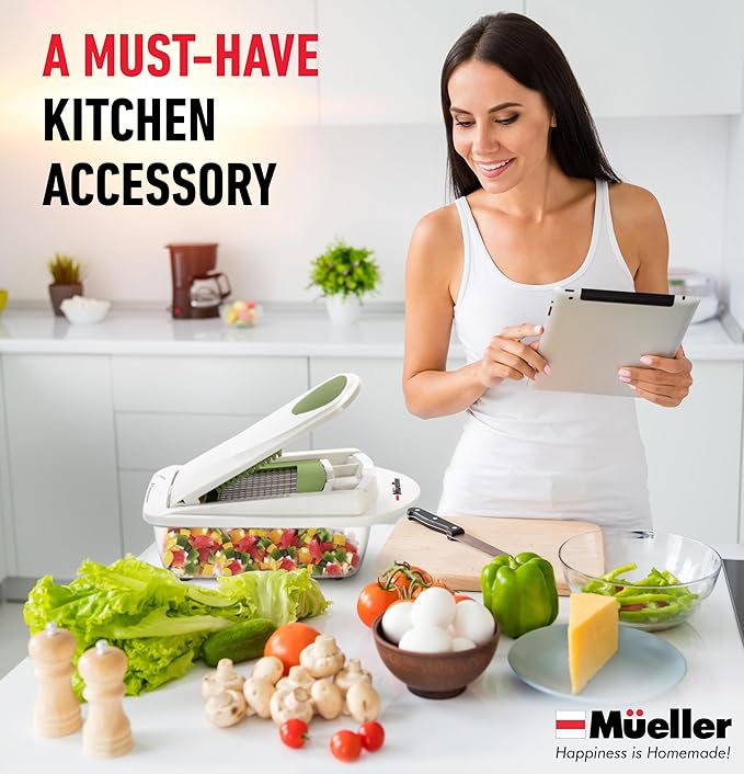 Mueller Pro-Series 10-in-1, 8 Blade Vegetable Chopper, Onion Mincer, Cutter, Dicer, Egg Slicer with Container, French Fry Cutter Potato Slicer, Home Essentials, Salad Chopper White Sand/Green
