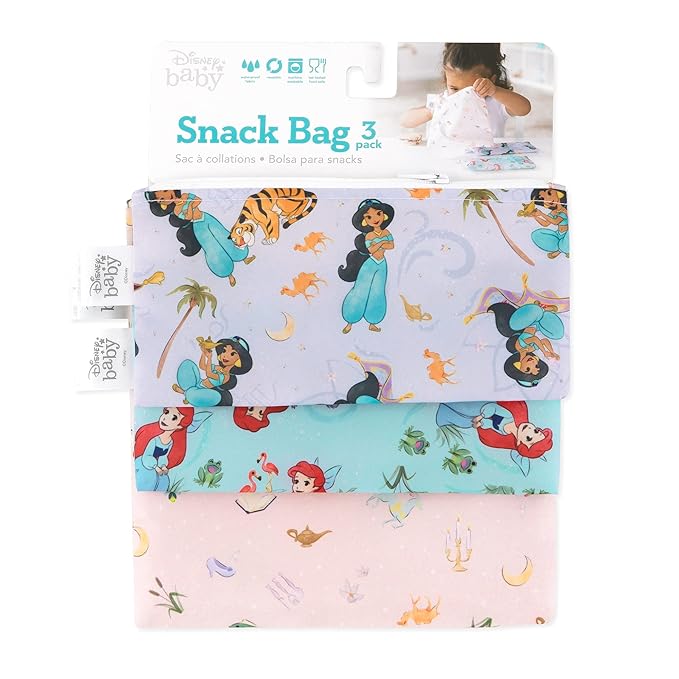 Bumkins Disney Reusable Sandwich and Snack Bags, for Kids School Lunch and for Adults Portion, Washable Fabric, Waterproof Cloth Zip Bag, Travel Pouch, Food-Safe Storage, 3-pk Princess Magic