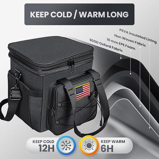 Tactical Lunch Box for Men, 20L Expandable Double Insulated Cooler Bag with Detachable Molle Pouches, Modern Tote for Adults, Waterproof and Leakproof for Work, Camping, Picnic, Hiking