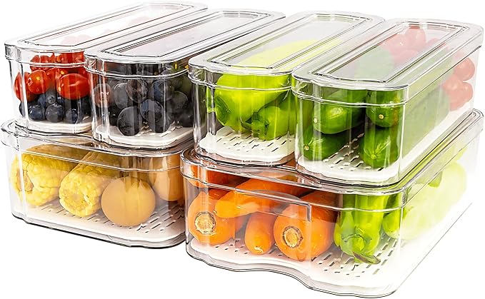 Fridge Organizers and Storage, 6 Pack Clear Freezer Organizer Bins with Lids for Kitchen, Pantry, Refrigerator, Food, Fruit, Vegetable Storage