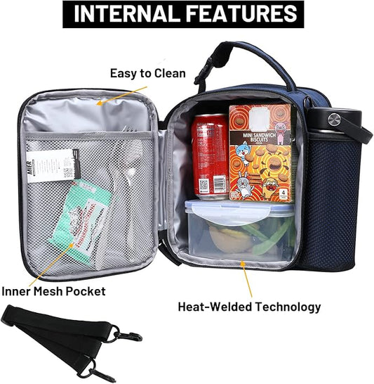 MIER Expandable Lunch Bag Insulated Lunch Box for Men to Work Travel Portable Lunchbox Bags with Shoulder Strap and Water Bottle Holder(Navy/Grey)