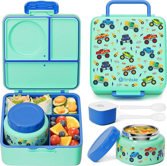 Fimibuke Bento Box for Kids Adult, BPA Free & Leakproof Toddler Lunch Box with 8.5oz Insulated Thermos Food Jar, Utensils & Sauce Jar, Dishwasher Safe 3 or 4 Compartment Container for School Girl Boy