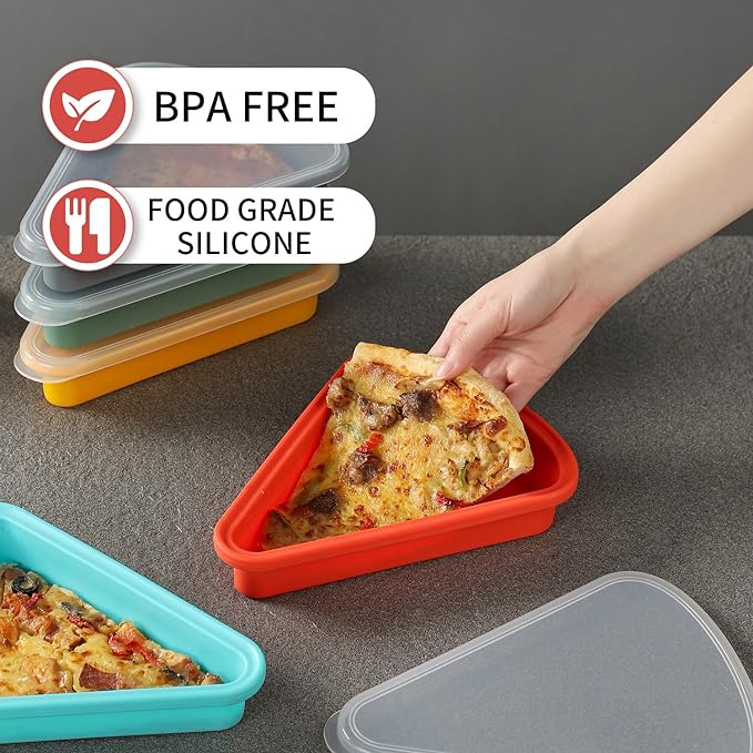 2-Pack Reusable Silicone Leftover Pizza Slice Storage Container with Air-tight Lids-BPA Free,Fits Single Slice up to 16”,Save Space,Refrigerator organizer(2 Red)