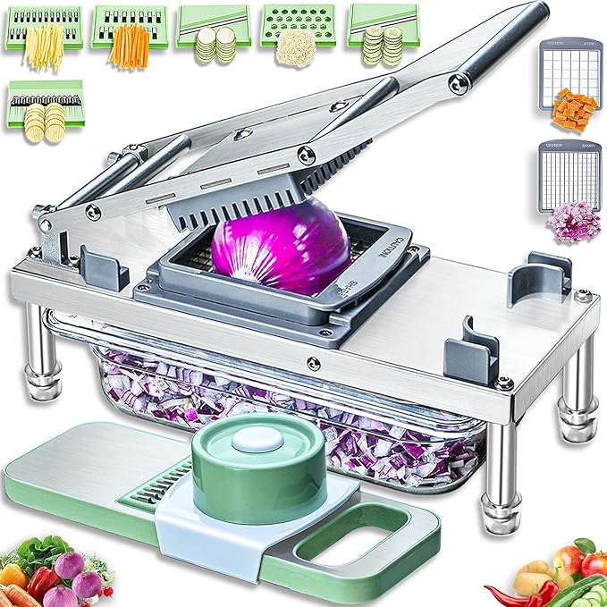 Stainless steel Vegetable Chopper, Veggie Chopper With 8 Blades, Onion Dicer with Container, Food Cutter & Grater Mandoline Slicer