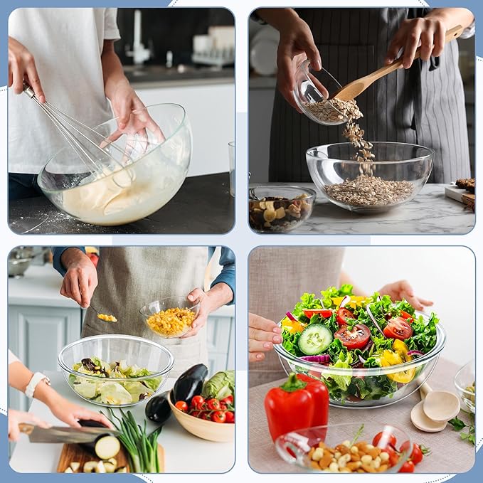 Domensi 3 Pcs 6.5 Qt, 4.8 Qt, 2.9 Qt Large Glass Mixing Bowls Clear Glass Salad Cooking Bowls for Kitchen Salad Bread Storage, Dishwasher, Freezer, Microwave