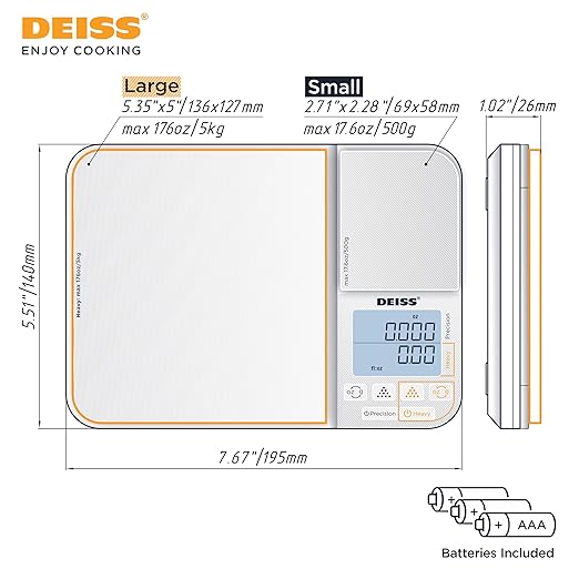 Deiss PRO Dual Platform Digital Kitchen and Food Scale - 11lb Capacity & 17.6oz Capacity Precision Kitchen Scale, Digital Scale for Baking, Cooking, Meal Prep, Food Scales Grams and Ounces