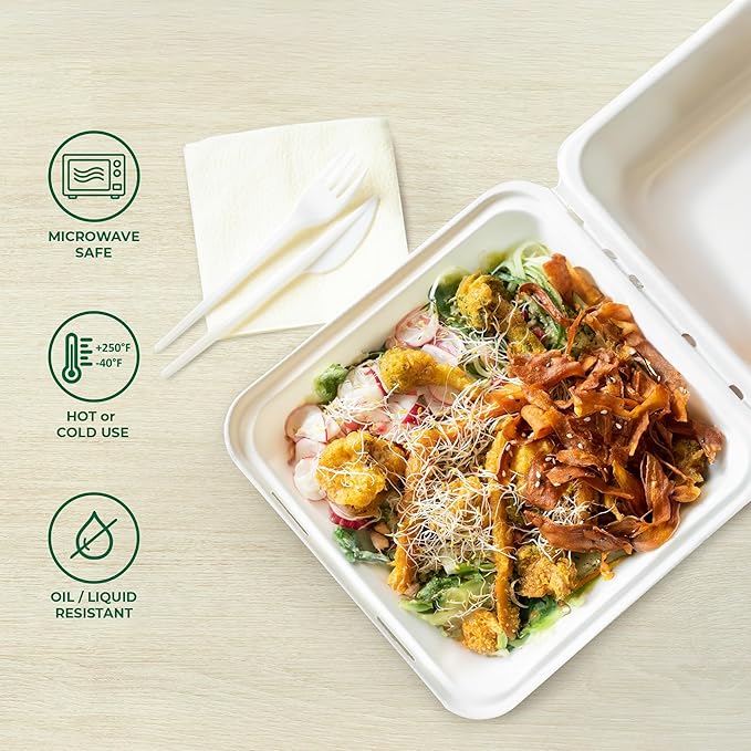 Freshware Clamshell Food Containers with Lids [9x9 100-Pack] Disposable To Go Containers, Biodegradable Sugarcane To Go Boxes - Paper Food Container - Microwave & Freezer Safe, Stackable
