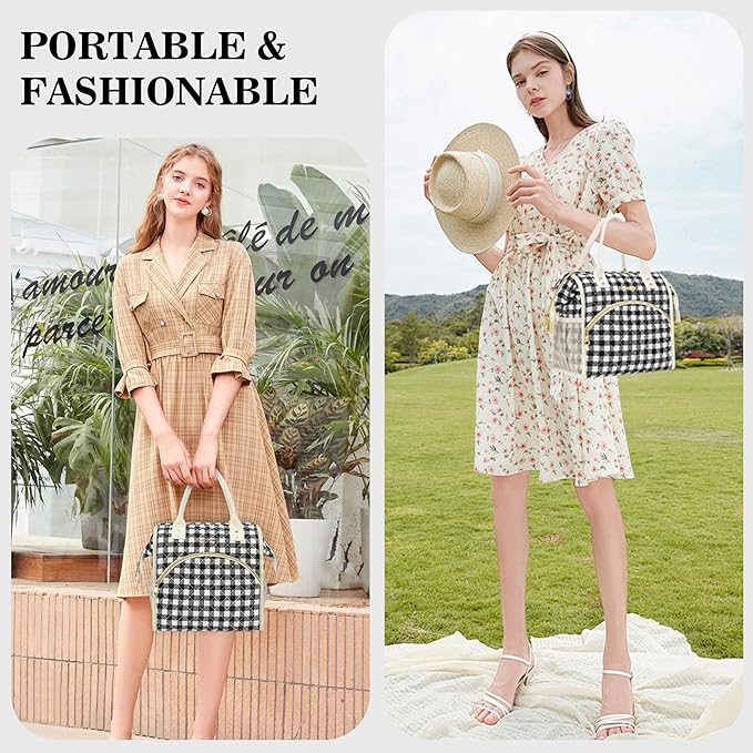 LOKASS Insulated Lunch Bag Women- Reusable 10 L Lunch Box for Women - Leakproof Tote Cooler Bag for Adults Work, Beach, Travel, Picnic （Black&White Diamond Grid）