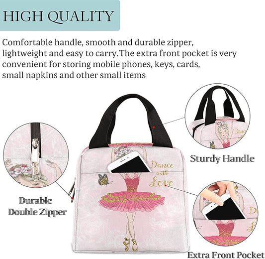 Pink Cute Ballet Dancer Girl Durable Insulated Lunch Box for Women Men Boy Girl Adult Lightweight Leakproof Thermal Cooler Reusable Lunch Bag for School Work Picnic Meal Prep Lunch Tote Bag