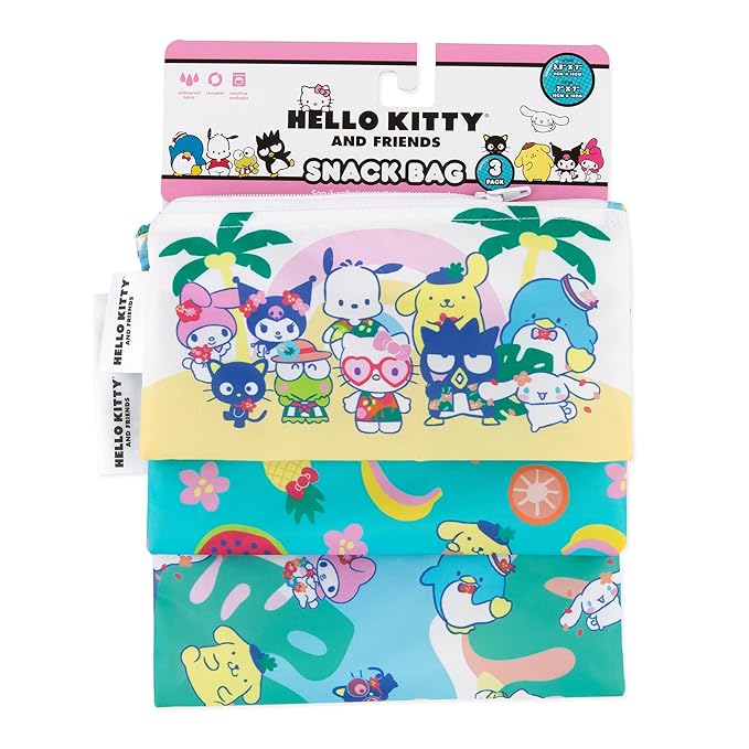Bumkins Reusable Sandwich and Snack Bags, for Kids School Lunch and for Adults Portion, Washable Fabric, Waterproof Cloth Zip Bag, Travel Pouch, Food-Safe Storage, 3-pk Hello Kitty