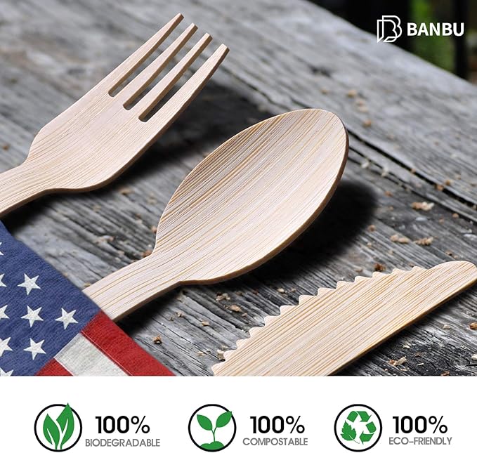 Bamboo Disposable Utensils (200PK: 80 Forks 80 Spoons 40 Knives) Compostable Eco Friendly Natural Biodegradable Bamboo Utensil/Cutlery Set Disposable Forks Knives and Spoons Set