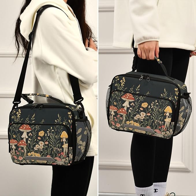MNSRUU Student Lunch Bag Vintage Wildflower Mushrooms Insulated DinnerTotes Picnic Bag Lunch Box with Adjustable Shoulder Strap for Teen Kids Adults