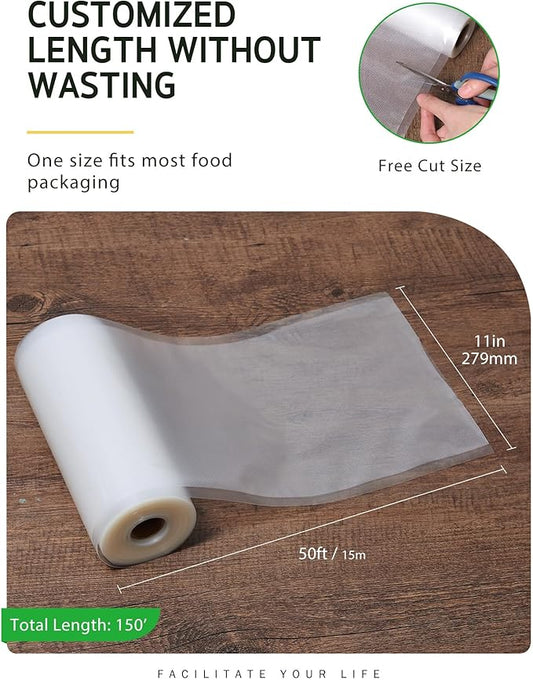 Syntus Vacuum Sealer Bags for Food, 3 Rolls 11" x 50' Commercial Grade Bag Rolls, BPA Free Food Vac Bags for Storage, Meal Prep or Sous Vide