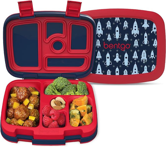 Bentgo Kids Prints Leak-Proof, 5-Compartment Bento-Style Kids Lunch Box - Ideal Portion Sizes for Ages 3-7, Durable, Drop-Proof, Dishwasher Safe, & Made with BPA-Free Materials (Rocket)