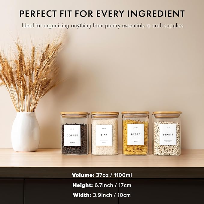 Glass Storage Containers with Bamboo Lids 37fl.oz [Extra Thick Glas] with 72 Pantry Labels - Canister For Pantry Noodles Flour Cereal Rice Sugar Tea Coffee Beans - Square Set of 4x