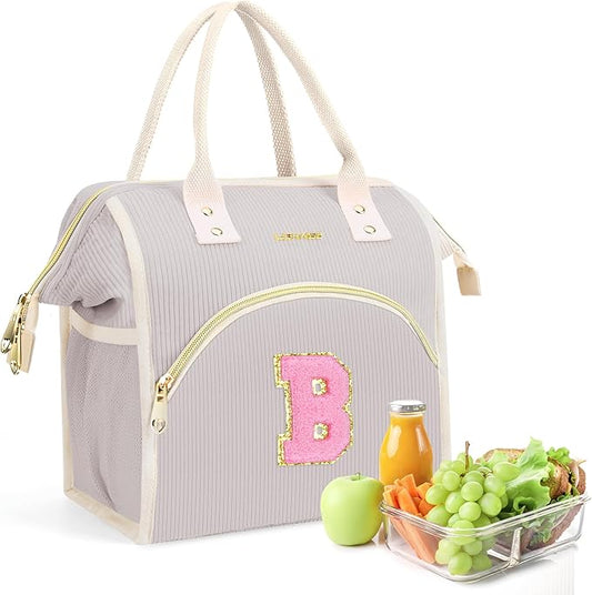Personalized Initials Lunch Box for Women& Men, Preppy Reusable 10 L Insulated Lunch Bag, Leakproof Large Adults lunch tote Cooler Bags Insulated for Beach,Travel,Work, Picnic-Birthday Gifts（Gray B）