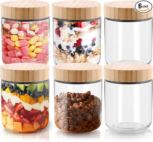 Glass jar with Bamboo lids 6 Set, 16oz overnight oats containers with lids, Glass Mason jars, Reusable Meal Prep Jars with Airtight Lids for Food Yogurt Snacks Storage