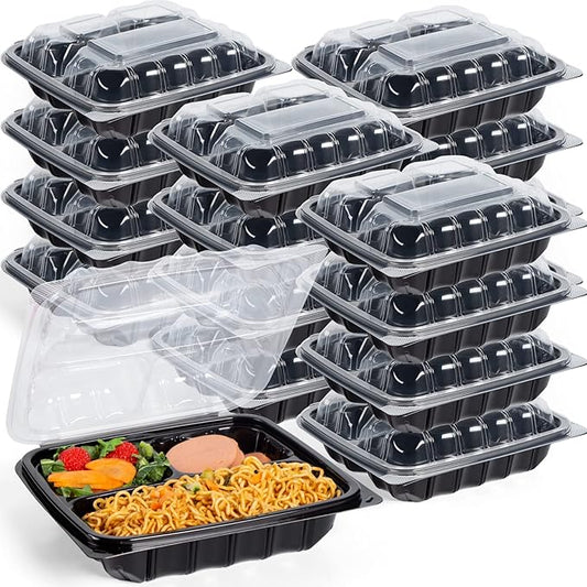 YANGRUI Clamshell Food Containers, Reusable 45 Pack 9.5 Inch 38 oz Anti-Fog Leak Proof Shrink Wrap 3 Compartment To Go Container BPA Free Microwave Freezer Safe Plastic Meal Prep Boxes