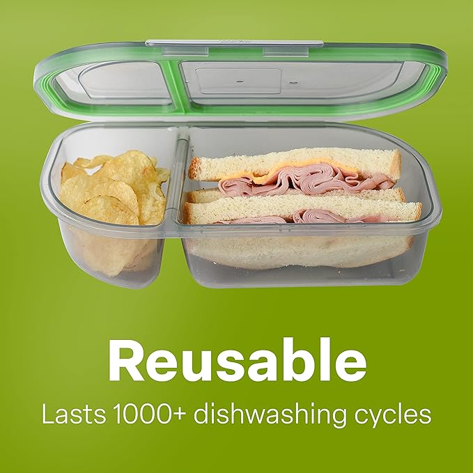 Half-Sized To-Go Divided Compartment Container, 9-1/2" X 5" X 2-1/2", Reusable, Microwave Safe, NSF Certified, Smoke/Green