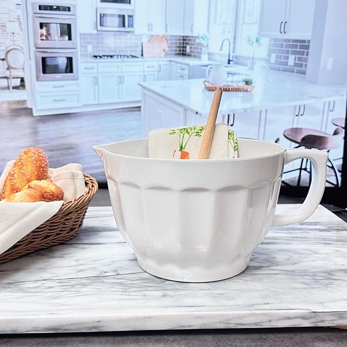 UPware Latte Style Melamine Batter Bowl with Pour Spout, Handle and Non-Slip Base, Grip Handle for Easy Mix and Pour, Home Essentials Cooking and Baking Tools, 4.3 quart, 11.5 x 8.75 Inch, White