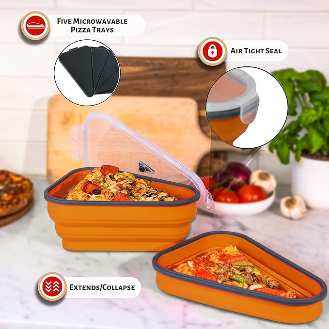 PIZZA PACK The Perfect Reusable Pizza Storage Container with 5 Microwavable Serving Trays - BPA-Free Adjustable Pizza Slice Container to Organize & Save Space, Orange 4 pk
