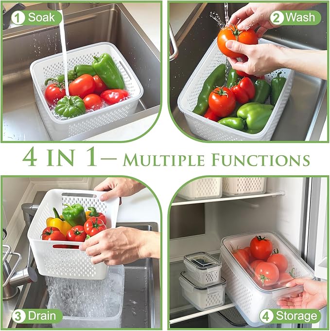 6 Pcs Large Fruit Containers for Fridge, Airtight Food Storage Containers with Removable Colander, Dishwasher and Microwave Safe, Berry Produce Container Keep Fruits, Vegetables, Meat Fresh Longer