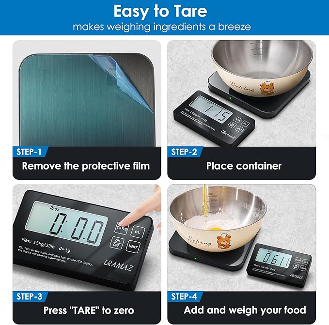 Food Scale with Detachable Display, 33lb Stainless Steel Kitchen Scales Digital Weight Grams and Ounces, Digital Food Scales for Kitchen, Baking Scale for Sourdough Bread, Food Weight Scale 1g/0.1oz