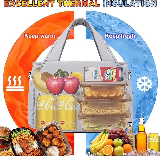 Artelaris Lunch Bag for Women, Insulated Lunch Box for Work, Large Leakproof Cooler Purse with Side Pockets & Removable Shoulder Strap Women's Lunch Tote Bag for Picnic Beach Cute Lunch Bags (Gray)