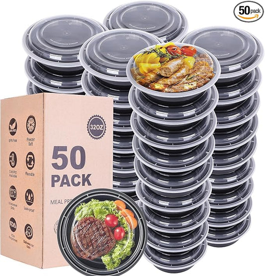 WGCC Meal Prep Containers with Lids - 50Pack 32OZ Meal Bowls, Round To Go Containers, BPA-Free, Freezer & Dishwasher Safe