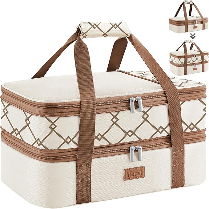 Lifewit Expandable Insulated Casserole Carrier for Hot or Cold Food, Double Decker Food Bag Lasagna Holder Carry Tote for Potluck Parties/Picnic/Cookouts, Fits 9"x13" Baking Dish, Cream-Geometric
