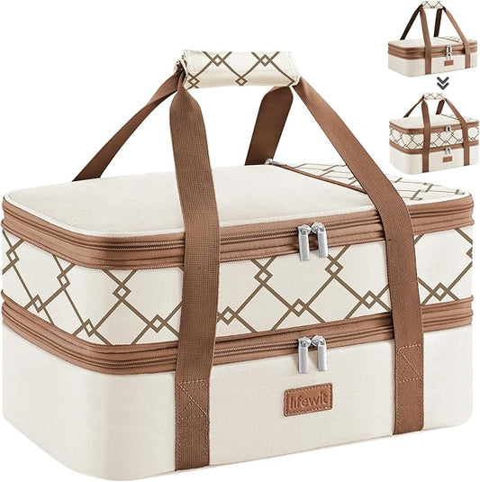 Lifewit Expandable Insulated Casserole Carrier for Hot or Cold Food, Double Decker Food Bag Lasagna Holder Carry Tote for Potluck Parties/Picnic/Cookouts, Fits 9"x13" Baking Dish, Cream-Geometric