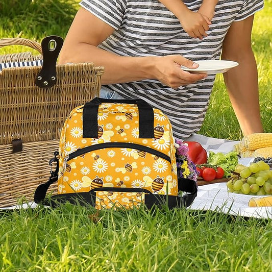 Pardick Yellow Bee Insulated Lunch Bag, Cute Flower Daisy Box with Shoulder Strap, Reusable Large Container for School, Office, Travel, Picnic, Beach, Outdoor Use