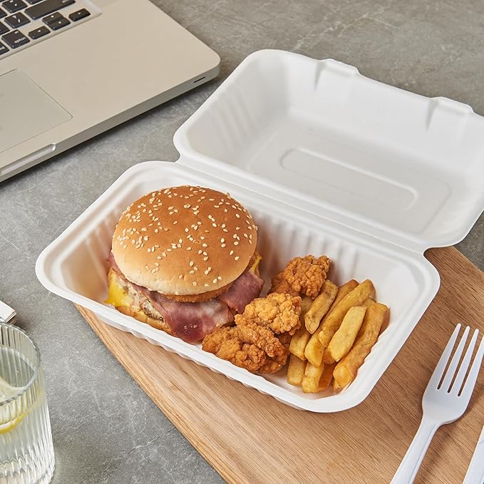 [9X6 1-Compartment 75-Pack Bio Natural Clamshell Take Out Food Containers with Lids, Disposable Bagasse Togo Plates, Eco-Friendly Biodegradable Made of Sugar Cane Fibers