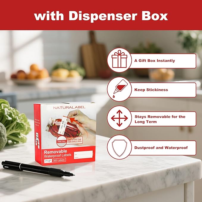 NATURALABEL 300 PCS Removable Freezer Labels with Dispenser - 1" x 3" Food Labels for Meal Prep Containers & Pantry Organizers, Easy Peel-Off Design, No Residue (Red)