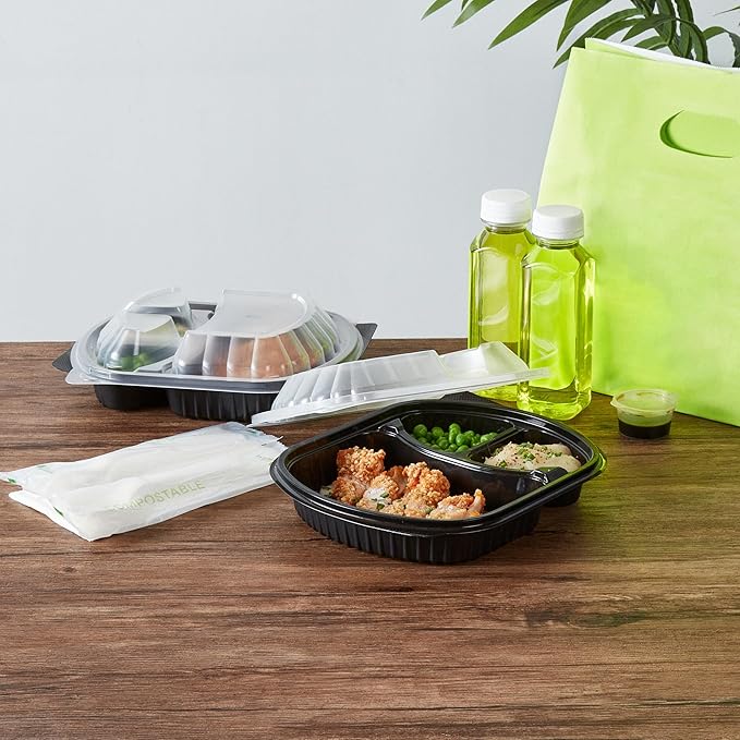 Restaurantware RW Base 27 Ounce Meal Prep Containers, 50 Microwavable To Go Containers With Lids - 3 Compartments, Disposable, Black Plastic Oval Food Containers, For Hot And Cold Food, Freezable