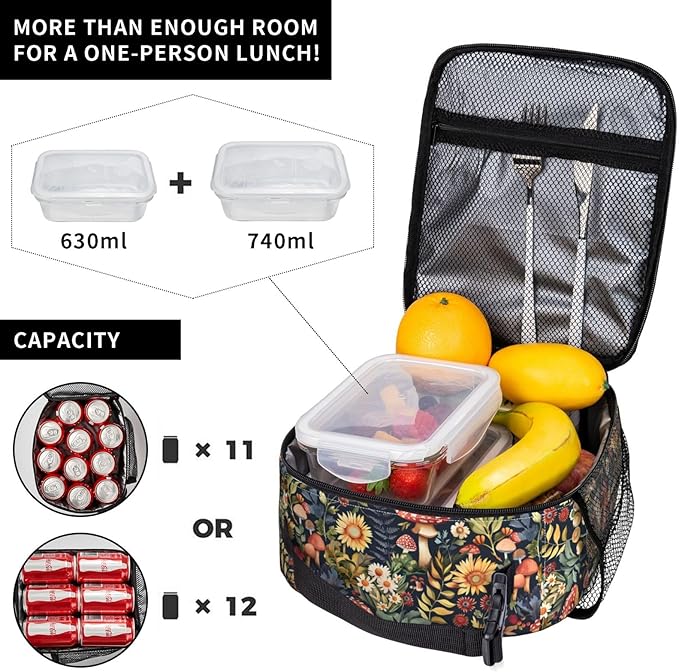 Insulated Lunch Box for Kids Boys Girls, Reusable Lunch Bag for School, Office, Work, Picnic, Travel, Forest Hedgehog Mushroom Lunch Box