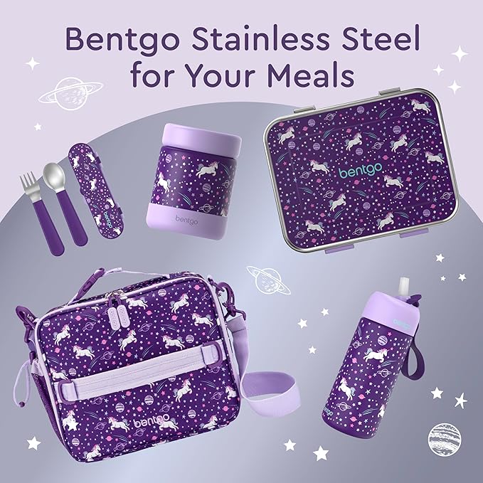 Bentgo Kids Stainless Steel Prints Leak-Resistant Lunch Box - 3-Compartments with Bonus Silicone Container, Durable, Eco-Friendly, Dishwasher Safe, BPA-Free, Ideal for School, Ages 3+ (Unicorn)