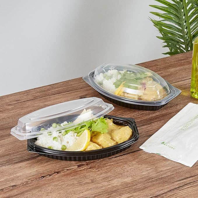 Restaurantware RW Base 12 Ounce Meal Prep Containers, 100 Microwavable To Go Containers With Lids - Disposable, Freezable, Black Plastic Oval Food Containers, Pack Hot And Cold Food, For Takeaway
