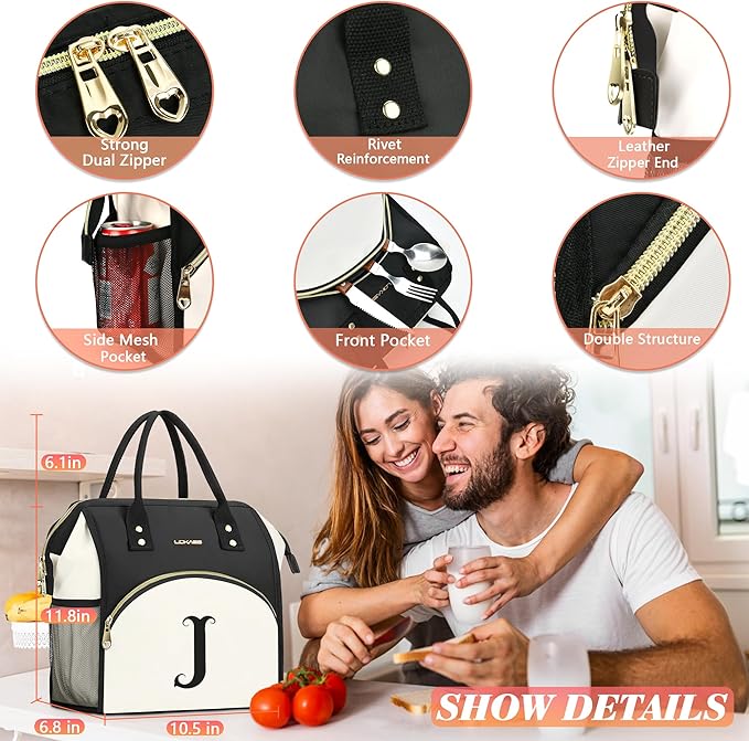Personalized Lunch Bag for Women, Preppy Reusable Insulated Initials Lunch Box Gift for Friend Large Wide-Open Water Resistant Adult Cooler Tote Bag for Work, Travel, Picnic - Black T