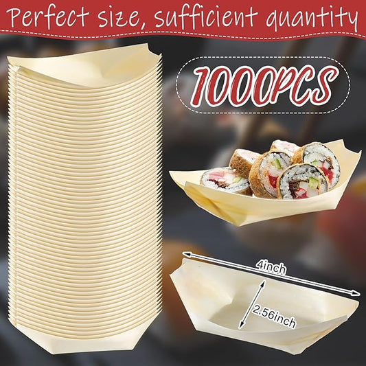 Hoolerry 1000 Pcs Disposable Wood Boat Plates Dishes 4 Inches Bamboo Plates Sushi Boat Disposable Bamboo Leaf Dish Serving Tray Food Container Wood Bowl For Catering Home