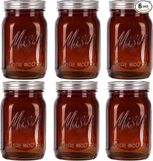 WELLIFE Amber Mason Jars, 6 Pack wide mouth mason jars for Pickling, Canning, Fermenting and Food Storage, Microwave & Dishwasher Safe