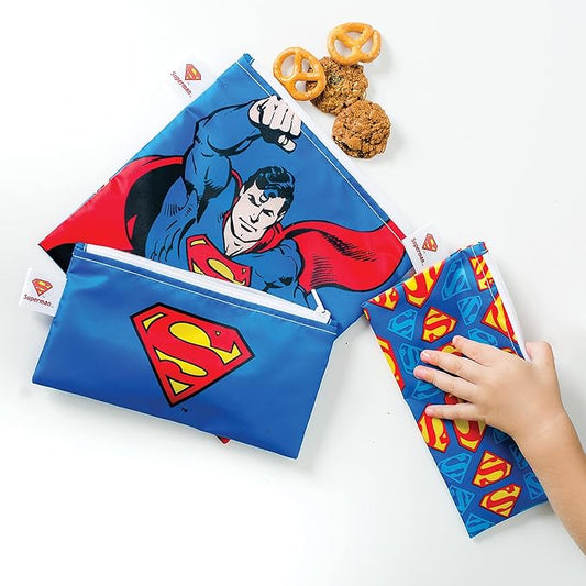 Bumkins Reusable Sandwich and Snack Bags, for Kids School Lunch and for Adults Portion, Washable Fabric, Waterproof Cloth Zip Bag, Travel Pouch, Food-Safe Storage, 3-pk DC Comics Superman