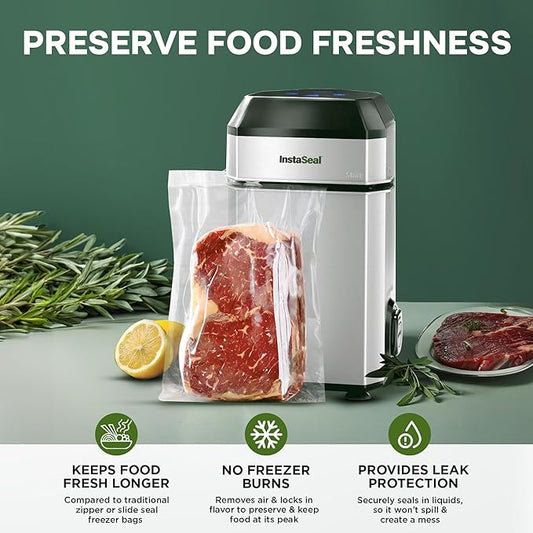 InstaSeal Vacuum Sealer for Food with 12 Bags, Compact Upright Food Vaccum Sealer Machine Allows to Seal Marinades, Soups, Vegetables, Meats for Sous Vide Cooking, Saver Keeps Food Fresher Longer