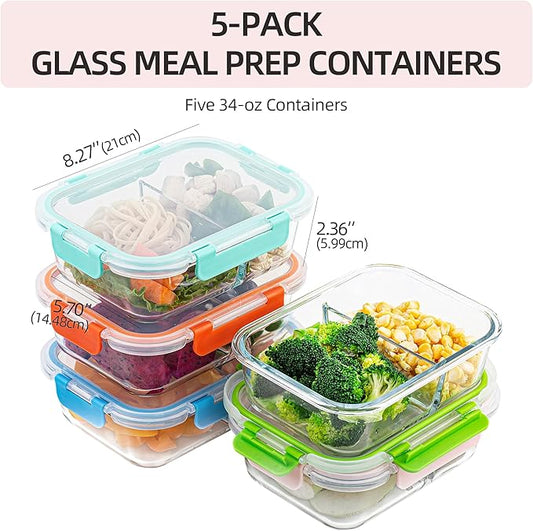 5-Pack,2 Compartment Glass Meal Prep Containers Set,34oz, Divided Food Storage Containers with Lids, Glass Lunch Box with 2 Dividers