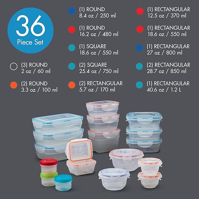 LOCK & LOCK Easy Essentials Color Mates Food Storage lids/Airtight containers, BPA Free, 36 Piece, Clear