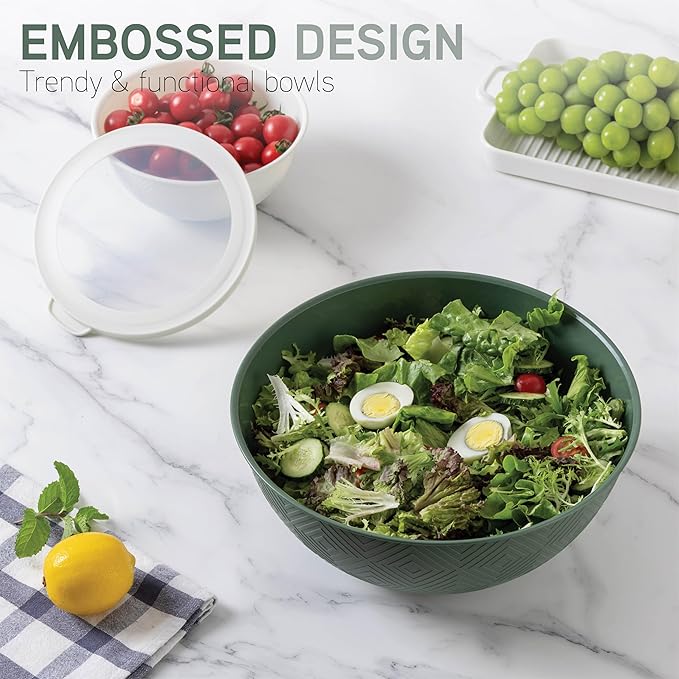 COOK WITH COLOR Mixing Bowls with Lids - 12 Piece Plastic Nesting Bowls Set includes 6 Prep Bowls and 6 Lids, Non Slip Bottom and Rhombus Design - Microwave Safe (Sage)
