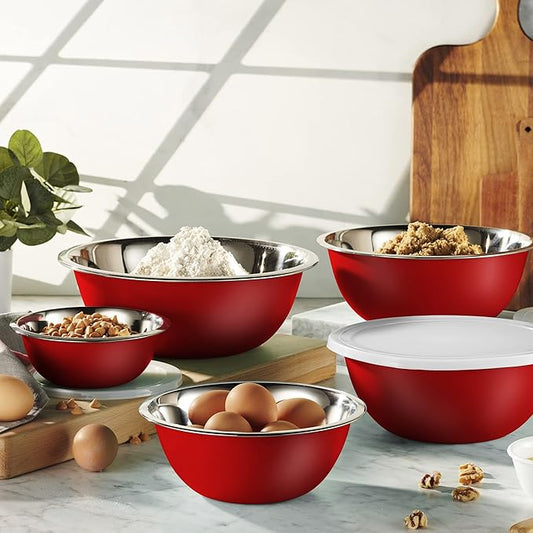 WHYSKO Stainless Steel Mixing Bowl Set, 10 Piece Stainless Steel Mixing Bowls with Lids Set for Food Prep Storage and Serving, Dishwasher Safe Microwave Safe for Kitchen Baking Cooking, Red
