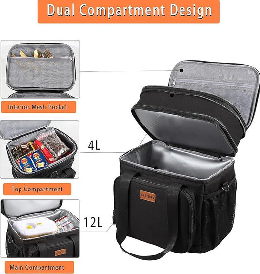 GLENKEY Expandable Insulated Large Lunch Box, Double Deck Heavy Duty Durable Lunch Bag Leakproof Cooler Bags for Men Women Adults Work Shift Flight Beach Daytrip, 20 Can, Black