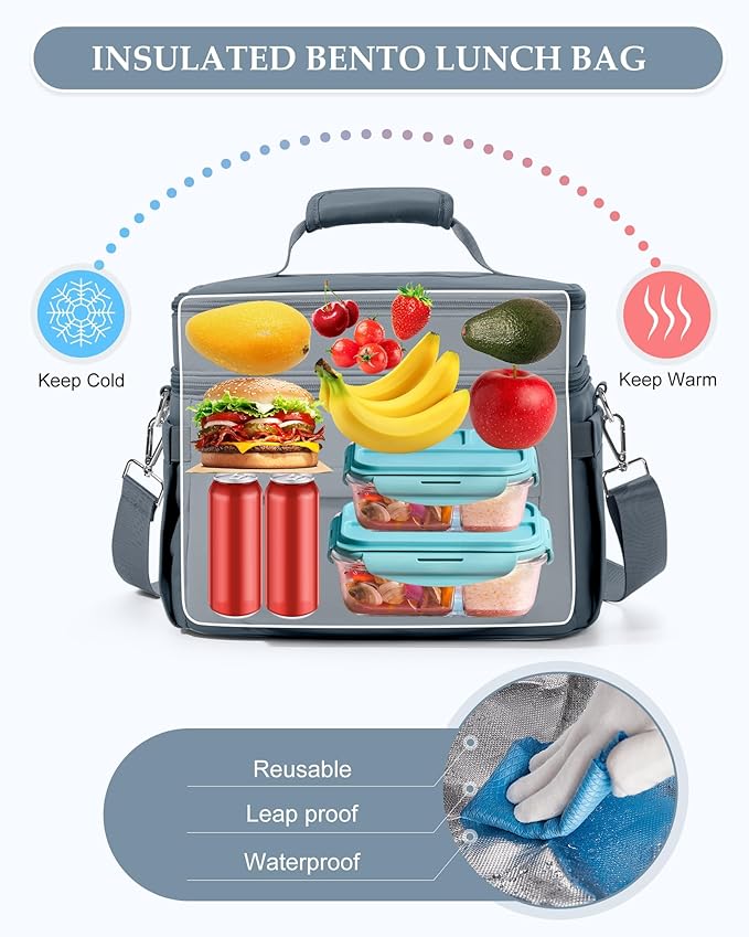 Lunch Box Women Insulated Lunch Bag Men Expandable Waterproof Leakproof Lunch Boxes Large Lunch Tote Cooler Bag for Work with Water Bottle Holder Royal Blue
