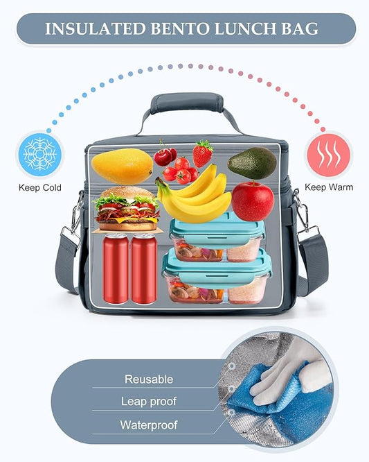 Lunch Box Women Insulated Lunch Bag Men Expandable Waterproof Leakproof Lunch Boxes Large Lunch Tote Cooler Bag for Work with Water Bottle Holder Royal Blue
